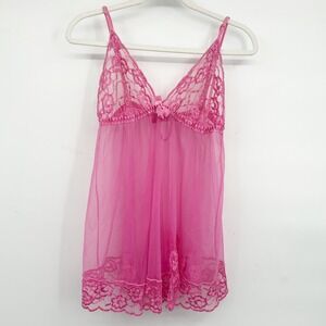 Fredericks of Hollywood Womens Y2K Pink Lace Mesh Coquette Babydoll Chemise L